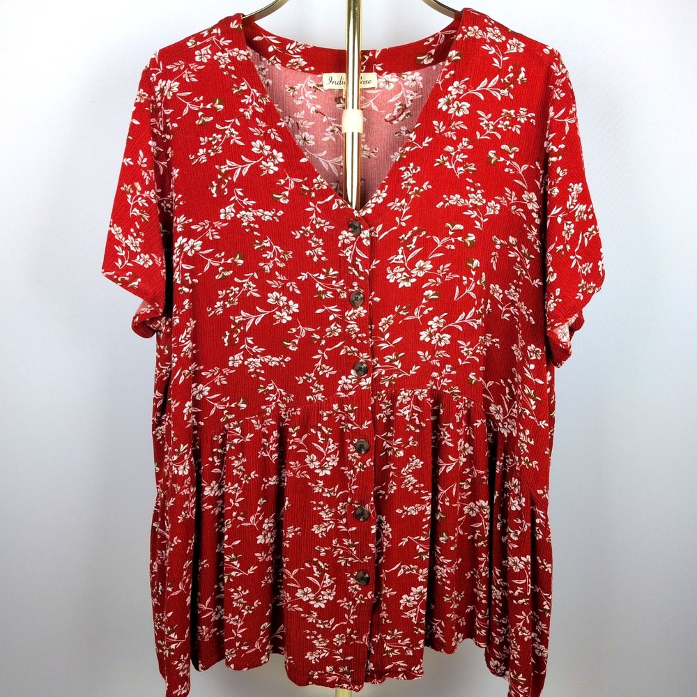 Indigo Rose Women 3X Top Orange Floral Rayon Button Front Peplum Short Sleeve